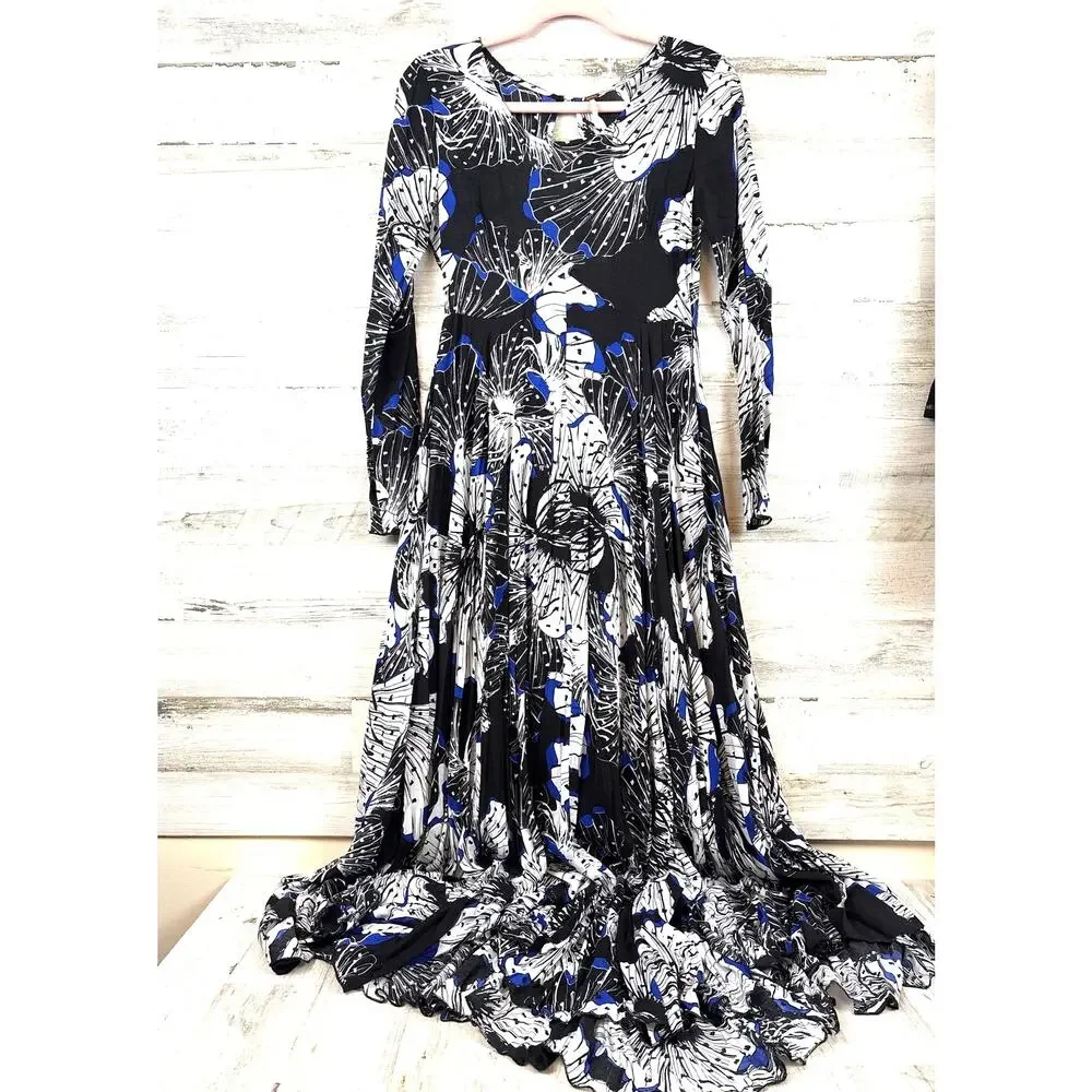 Free People XS Blue White Floral Maxi Dress Boho Romantic Festival